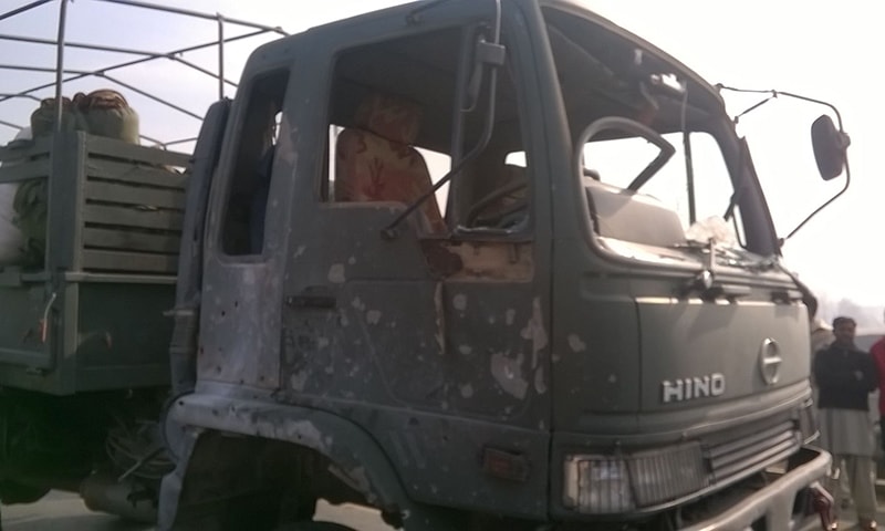 Photo showing the vehicle that was attacked on the Islamabad-Peshawar Motorway Sunday, Jan 3, 2016. – Photo by author