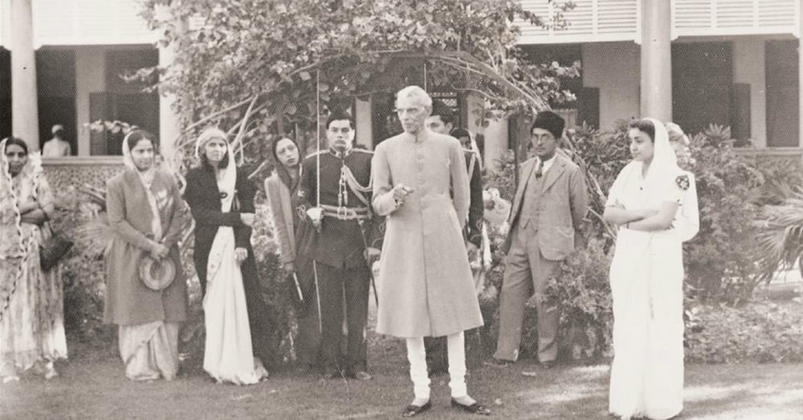 Mr Jinnah with Ms Fatima Jinnah and Mrs Pasha Haroon at one of Sir Abdullah Haroon's residences in Karachi. Behind Mr Jinnah on his right is his ADC Taj Hidayatullah.