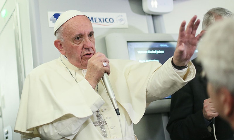 Pope Francis speaks to journalists aboard the flight from Mexico to Italy. ─AFP