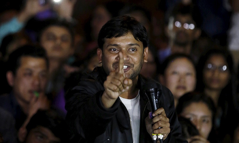 Kanhaiya Kumar, JNU student union leader, gestures as he addresses a meet inside JNU campus in New Delhi. ─Reuters