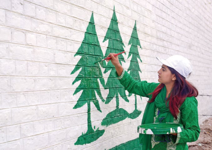A student paints a wall of University Public School and College, Peshawar. &mdash; Photo by Shahbaz Butt