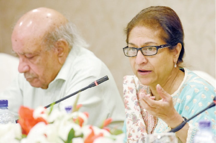 Activist Asma Jehangir speaks at the conference in Islamabad on Monday. HRCP’s I.A. Rehman is also present. The other picture shows the Netherlands embassy first secretary Nanna Stolze speaking at the UN Information Centre roundtable. — Photos by Tanveer Shahzad & Sara Farid