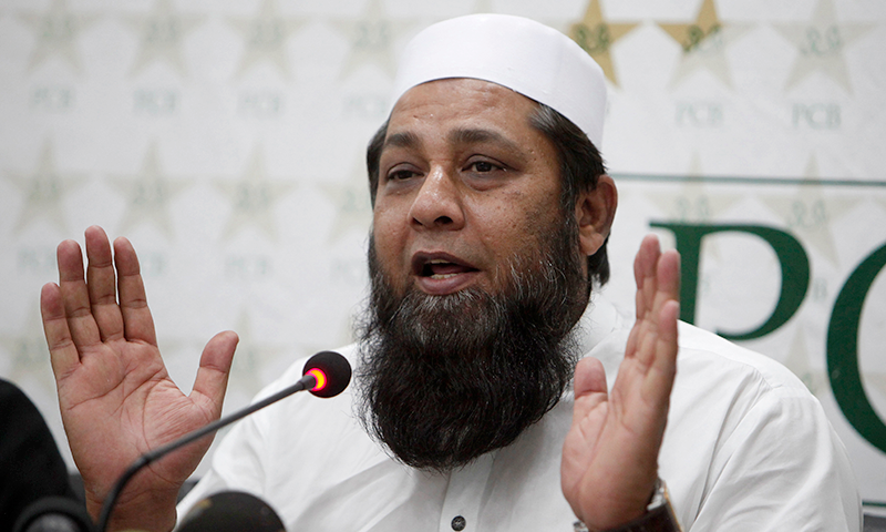 Pakistan cricket chief selector Inzamam-ul-Haq addresses a press conference in Lahore. — AP