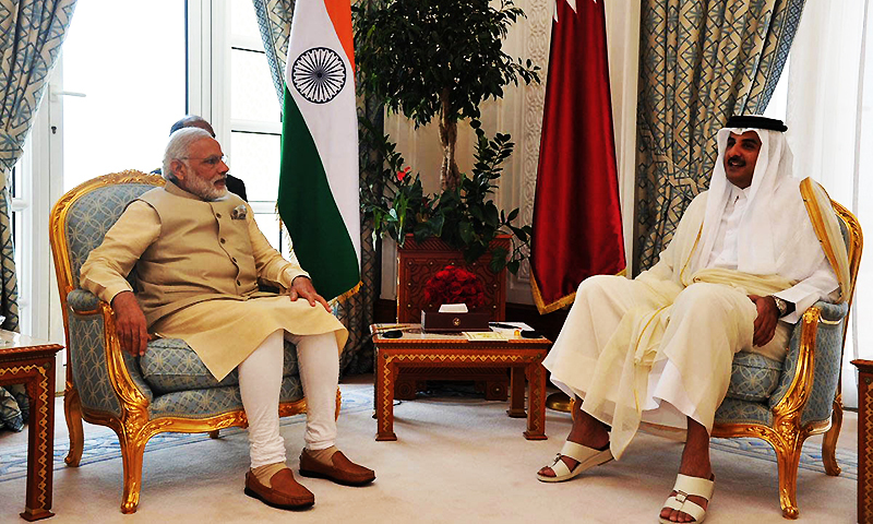 Indian Ministry of External Affairs's Twitter Page, Indian Prime Minister Narendra Modi, left, talks with Emir of Qatar Sheikh Tamim bin Hamad Al Thani, in Doha, Qatar. ─ AP