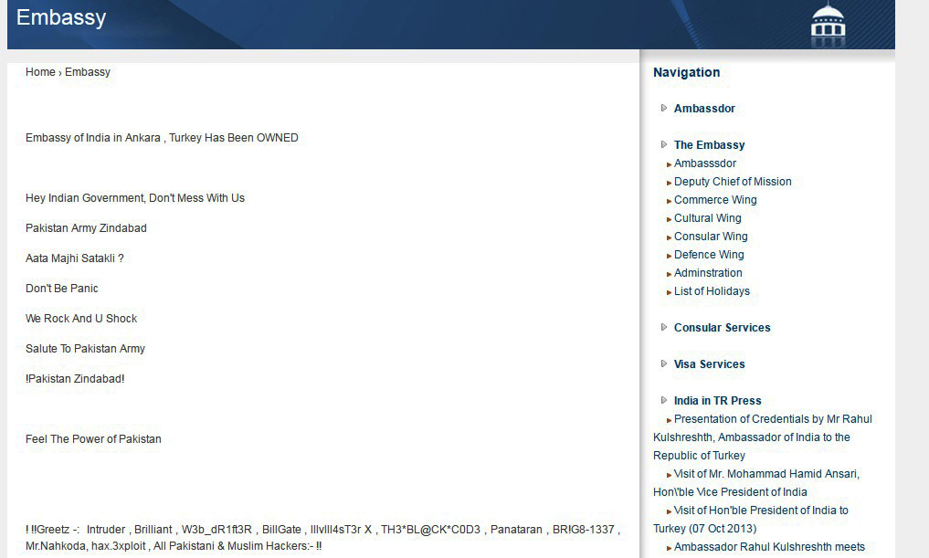 A screenshot of the Indian Embassy of India in Ankara's hacked website.