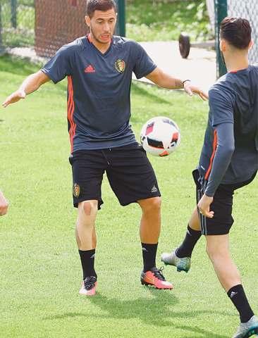 BORDEAUX: Belgium’s Eden Hazard attends a training session on Thursday.—Reuters