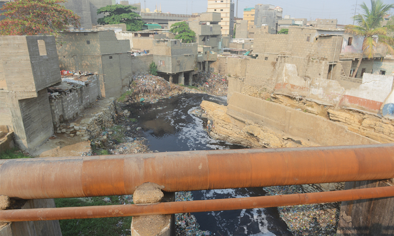 The passage of a storm drain passing through the Banaras Chowk area is heavily encroached on both sides.—Fahim Siddiqi / White Star