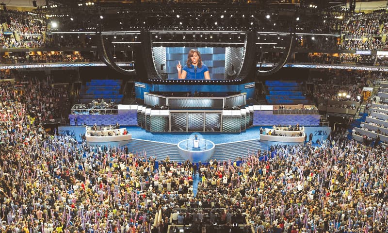 PHILADELPHIA: Michelle Obama addresses delegates on the first day of the Democratic Party&rsquo;s convention on Monday.&mdash;AFP