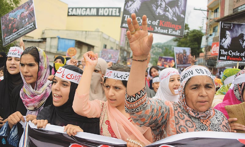 Muzaffarabad: Protesters carry placards as they march during an anti-India demonstration here on Wednesday. &mdash;AFP