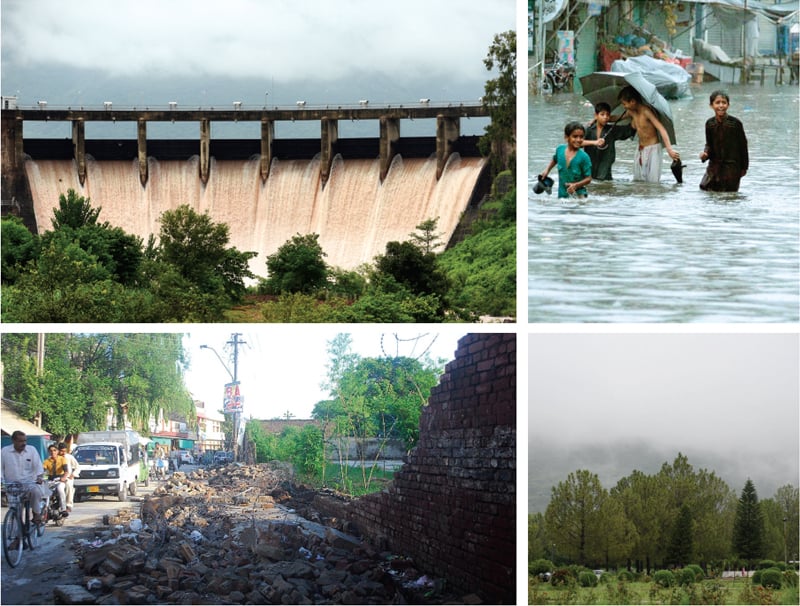 Clockwise from top: Water gushes out of Rawal Dam after its spillways were opened, the wall of Waqarun Nisa Girls School has collapsed, clouds hang over Islamabad and children wade through rainwater in Dhoke Khabba in Rawalpindi following rains on Wednesday.&mdash; Photos by Tanveer Shahzad, G.A. Zaidi, Online & APP