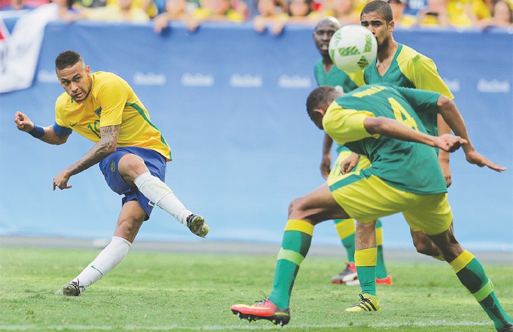 BRASILIA: Brazil’s Neymar strikes the ball during the group ‘A’ match against South Africa at the National Stadium.—AP
