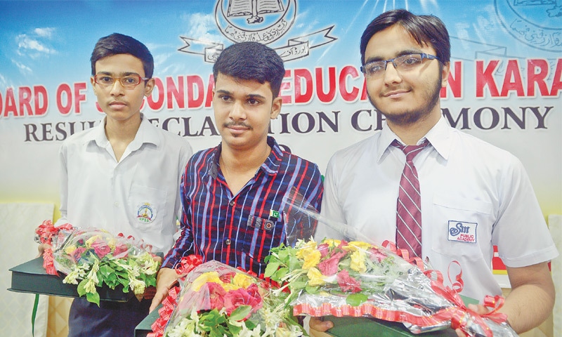 Mohammad Hamza Khan, Sikander Ali Khokar and Abdul Ahad, who stood first, second and third, respectively, in BSEK&rsquo;s annual SSC science group examinations.&mdash;Fahim Siddiqi / White Star
