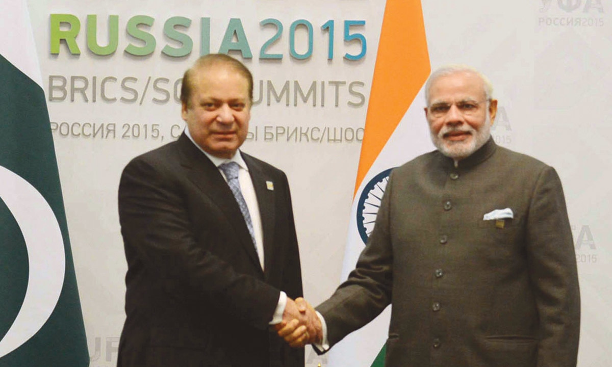 Pakistan Prime Minister Nawaz Sharif  and Indian Prime Minister Narendra Modi shake hands at the BRIC/SCO Summits in Ufa, Russia on July 10, 2015