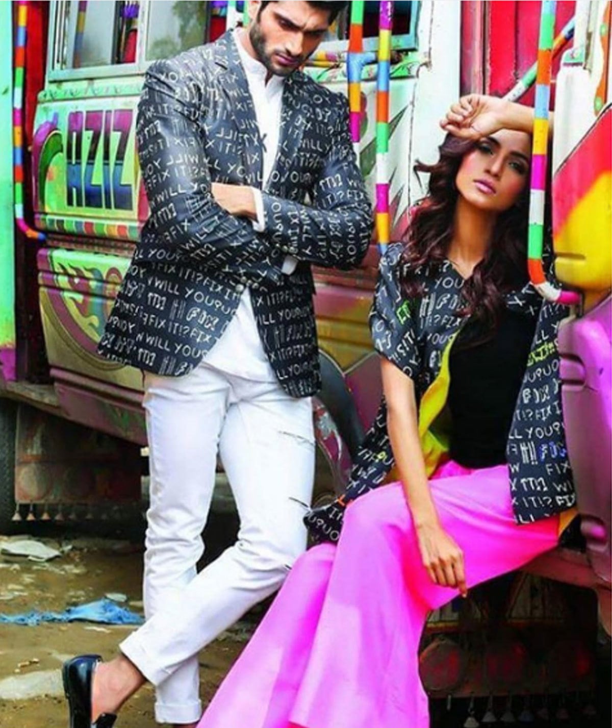 We are in love with this shoot, it's a strange amalgamation of some English funky styled outfits, and a total contrast background with a uniquely designed truck art at a real truck. #asifrehaman #javeriahanif #deepakperwani #fixit - Instagram