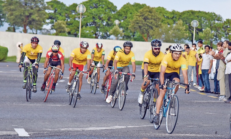 Cyclists participate in the race at Sports Complex on Saturday. &mdash; Photo by Khurram Amin