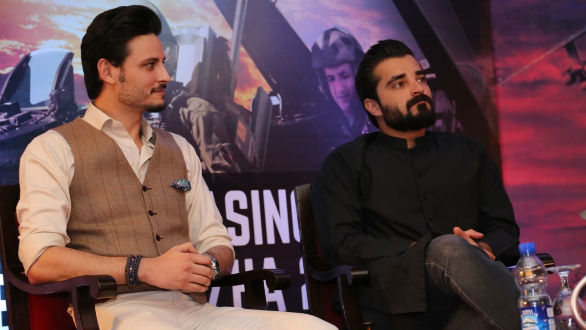 Osman Khalid Butt and Hamza Ali Abbasi at the film announcement yesterday