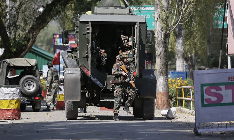 Indian army soldiers arrive at the army base which was attacked by suspected militants in the town of Uri, west of Srinagar. &mdash; AP