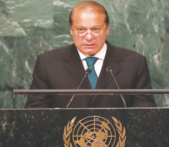 PRIME Minister Nawaz Sharif addressing the General Assembly on Wednesday.—AFP