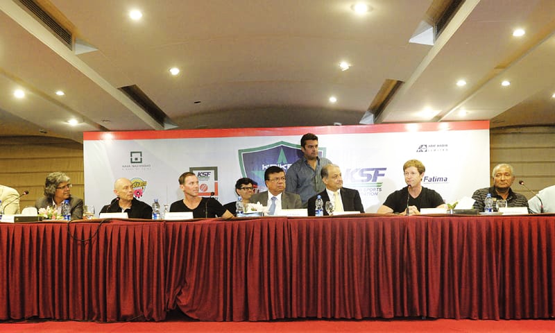 (From left) Numan Nabi, Danny Morrison, Damien Martyn, Ahsan Jamil, Arif Habib, Fakhr Alam, Nadeem Omar, Jonty Rhodes, Andy Roberts and Jalaluddin at the launch of Kriket Superstar programme. &mdash; Anis Hamdani / White Star