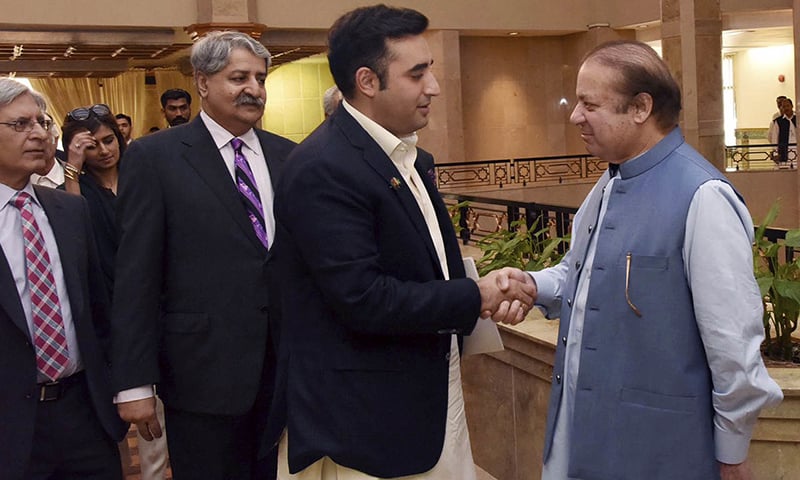 Nawaz Sharif receives Bilawal Bhutto Zardari for the meeting in Islamabad. —AP