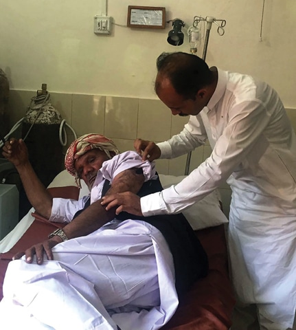 MUZAFFARABAD: A man injured by firing of Indian forces across the Line of Control is being treated at a hospital in Nezapir sector, Azad Kashmir, on Tuesday.—AFP