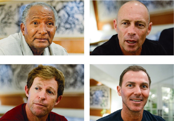 (Clockwise from top R) Danny Morrison, Damien Martyn, Jonty Rhodes and Any Roberts gesture during their interviews with Dawn. — Tahir Jamal/White Star