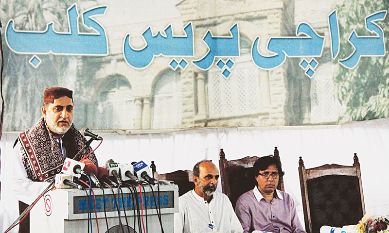 BALOCHISTAN National Party-Mengal chief Sardar Akhtar Mengal speaks to media at the Karachi Press Club on Sunday.—Online BALOCHISTAN National Party-Mengal chief Sardar Akhtar Mengal speaks to media at the Karachi Press Club on Sunday.—Online