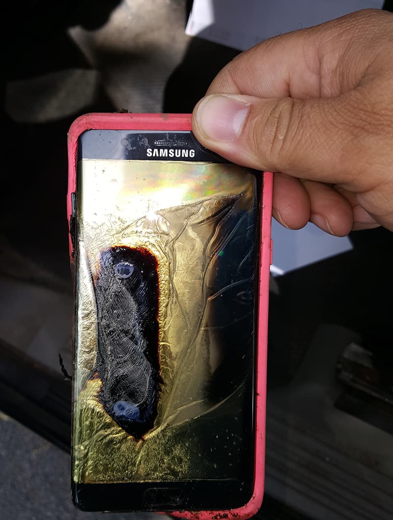 This photo by Andrew Zuis shows the replacement Note 7 phone belonging to his daughter, that melted in her hand earlier in the day.— AP