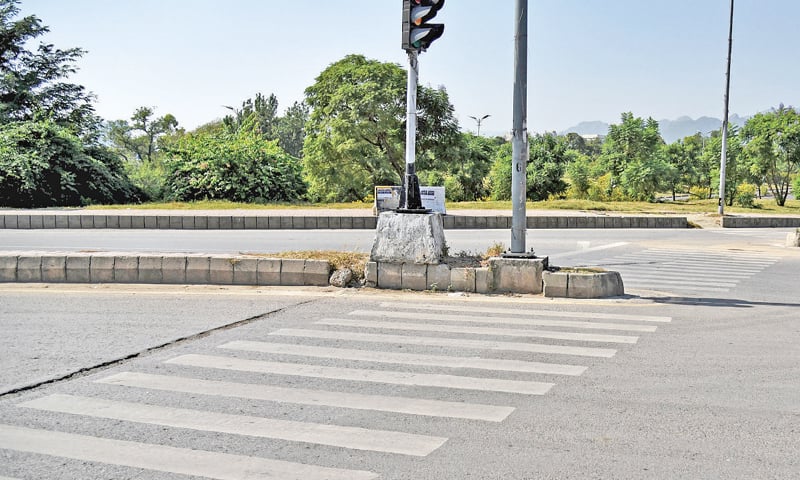The inaccurately-marked zebra crossing on Khushal Khan Khattak Road in G-7. &mdash; Photo by Khurram Amin