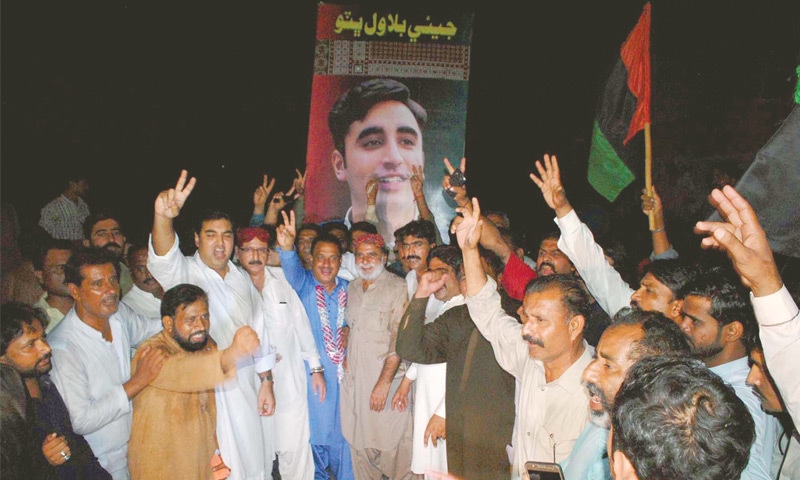 PPP workers in Hyderabad on Thursday celebrate the appointment of Food Minister Nisar Khuhro as the party&rsquo;s Sindh president.&mdash;Dawn