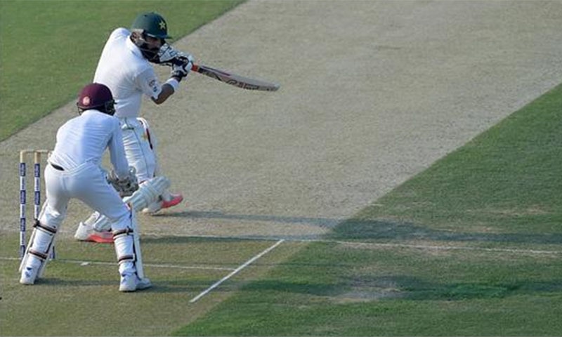 Misbah-ul-Haq plays a shot on the first day of the second Test between Pakistan and the West Indies. ─AFP