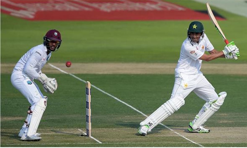 Misbah-ul-Haq plays a shot on the first day of the second Test between Pakistan and the West Indies. ─AFP