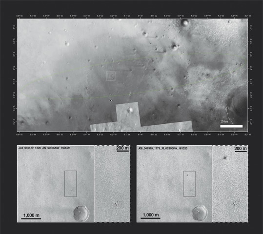 This image provided by the European Space Agency shows the landing site of the space probe within the predicted landing ellipse in a mosaic of images (up) and a pair of before-and-after images (down) from a camera on Nasa’s Mars Reconnaissance Orbiter and the Thermal Emission Imaging System on Nasa’s 2001 Mars Odyssey orbiter.—AFP