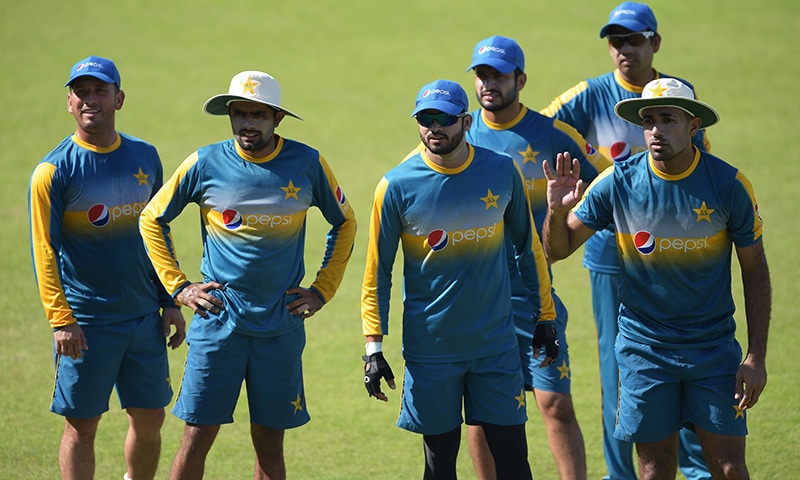 Pakistani cricketers take part in a training session at the Sharjah Cricket Stadium in Sharjah on October 28.— AFP Pakistani cricketers take part in a training session at the Sharjah Cricket Stadium in Sharjah on October 28.— AFP