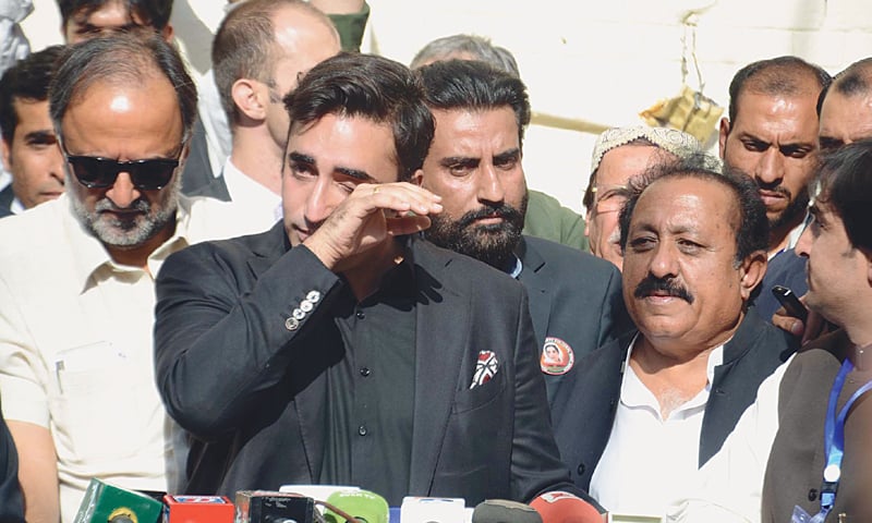 PPP chairman Bilawal Bhutto Zardari wipes his tears while talking to reporters on Sunday.—PPI PPP chairman Bilawal Bhutto Zardari wipes his tears while talking to reporters on Sunday.—PPI