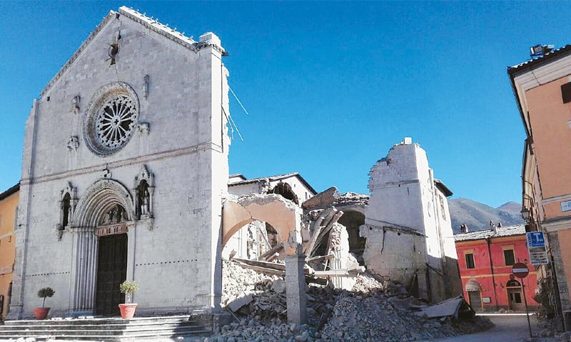 THE facade of the Basilica of St Benedict, which was left standing after the earthquake destroyed other parts of the historic building.&mdash;AP