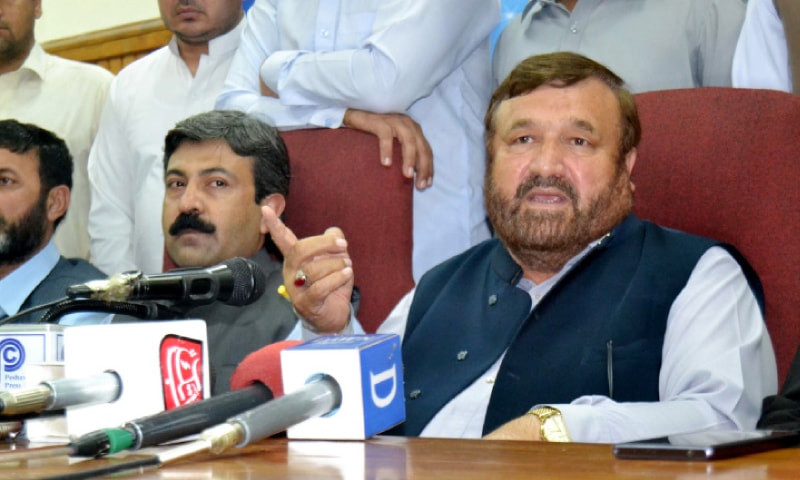 PML-N provincial chief Pir Sabir Shah addresses a press conference in Peshawar on Monday. &mdash; White Star
