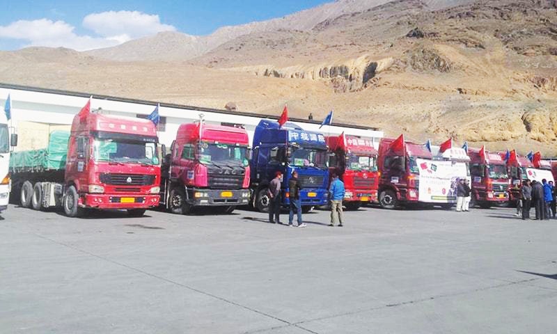 Containers are parked at the Sust port in upper Hunza for customs clearance.