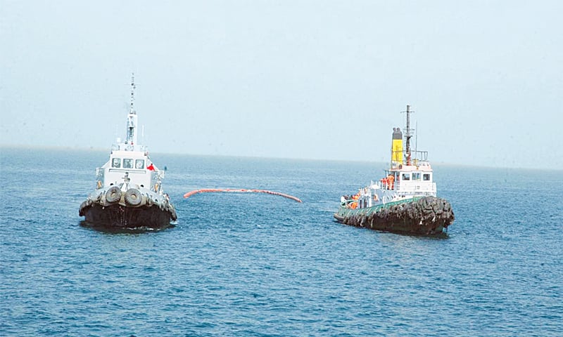 Marine oil spill exercise Barracuda-VII under way near Karachi on Wednesday.—APP Marine oil spill exercise Barracuda-VII under way near Karachi on Wednesday.—APP