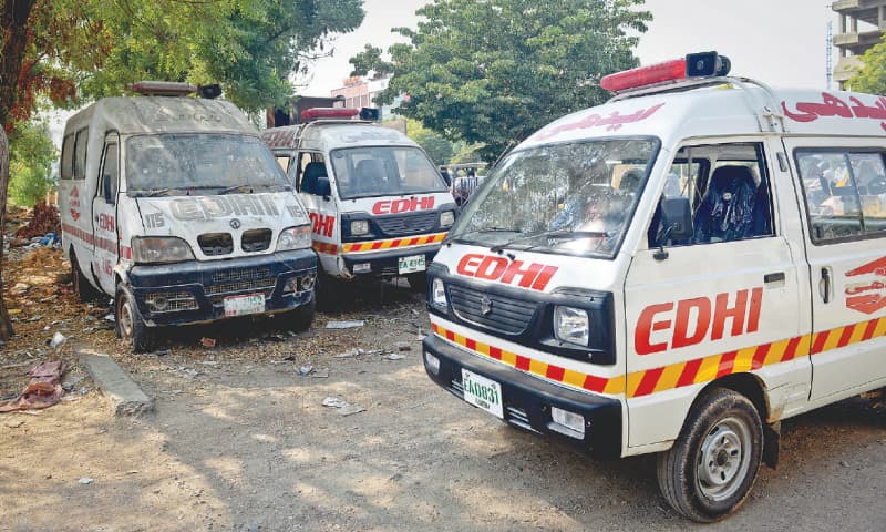 One of the Edhi Foundation's rescue vehicles which is in an advanced state of dilapidation is seen parked with ambulances of the charity outside a private hospital in Nazimabad.— Fahim Siddiqi/ White Star One of the Edhi Foundation's rescue vehicles which is in an advanced state of dilapidation is seen parked with ambulances of the charity outside a private hospital in Nazimabad.— Fahim Siddiqi/ White Star
