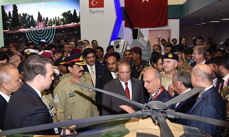 Prime Minister Nawaz Sharif, Chief of Army Staff General Raheel Sharif and Sindh Chief Minister Syed Murad Ali Shah seen at IDEAS 2016. –Online