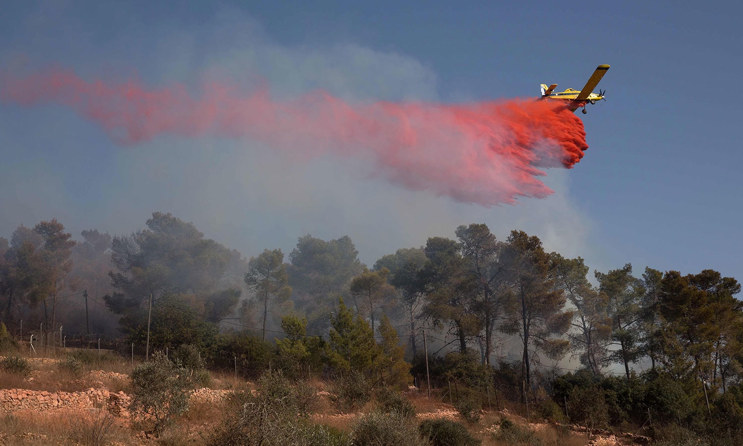 طیارے کی مدد سے متاثرہ علاقے میں آگ پر قابو پانے کیلئے کیمیکل برسایا جارہا ہے &mdash; فوٹو: اے ایف پی
