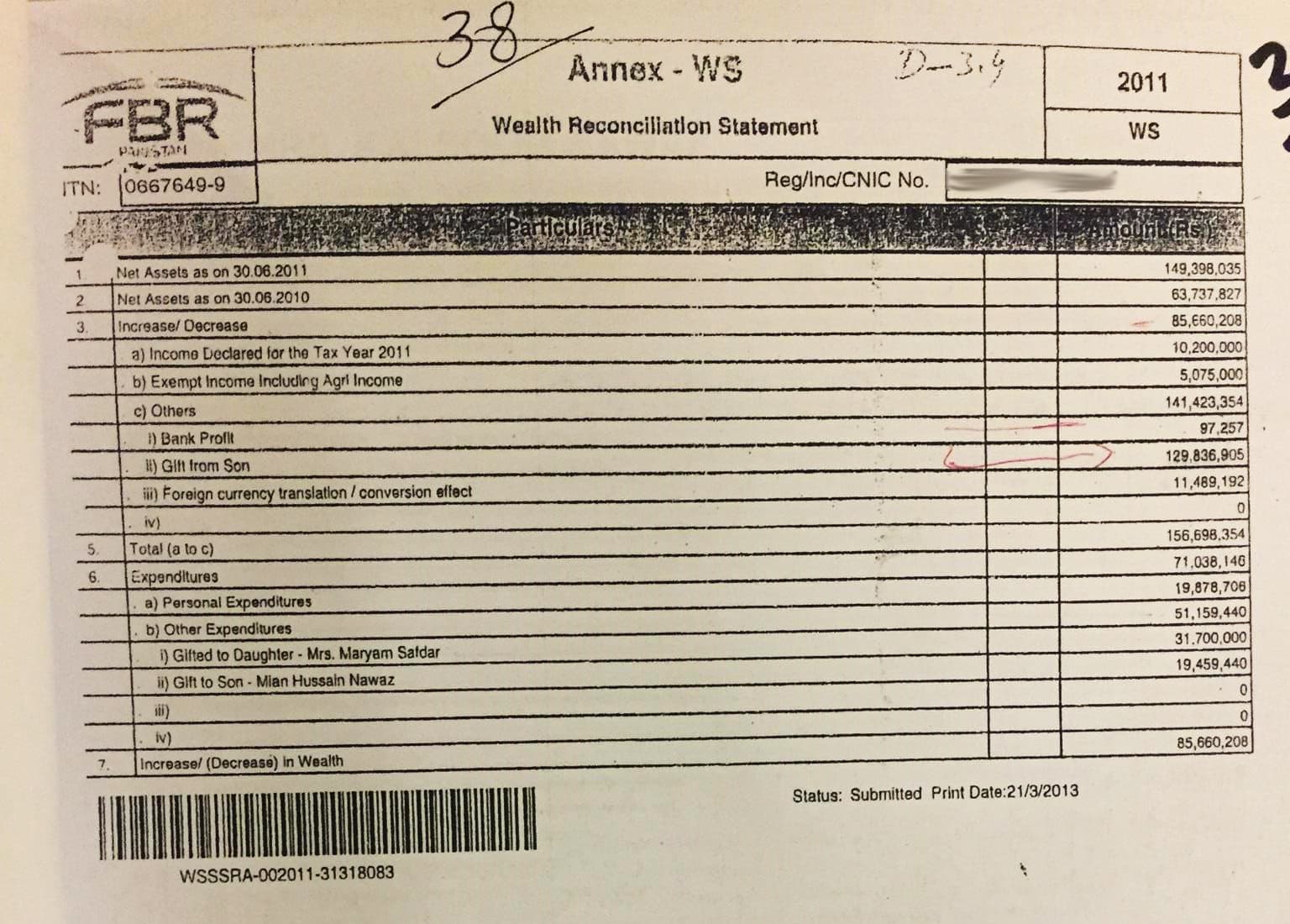 Wealth Reconciliation Statement showing gifts to and from the PM's children.