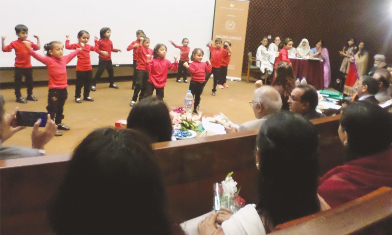 Pre-primary children of SMS Aga Khan School perform a dance at the ceremony on Tuesday. &mdash;Photo by writer