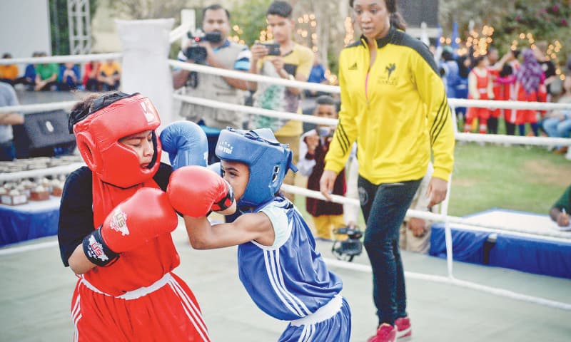 Girls from Lyari’s Pak Shaheen Boxing Club and Young Lyari Boxing Club at a training session organised by the Goethe-Institut Pakistan and Alliance Française de Karachi in 2016.—White Star