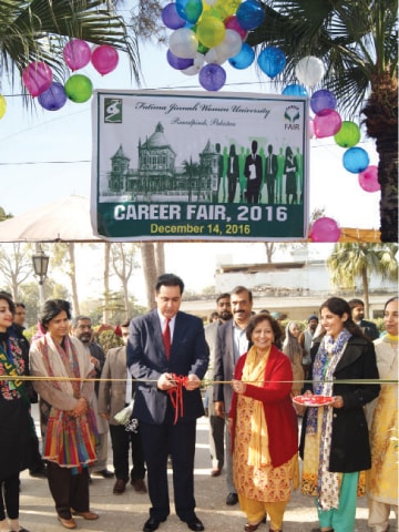 The RCCI President Raja Ahmer Iqbal and FJWU Vice Chancellor Prof Dr Samina Amin Qadir inaugurate the event. &mdash; Dawn