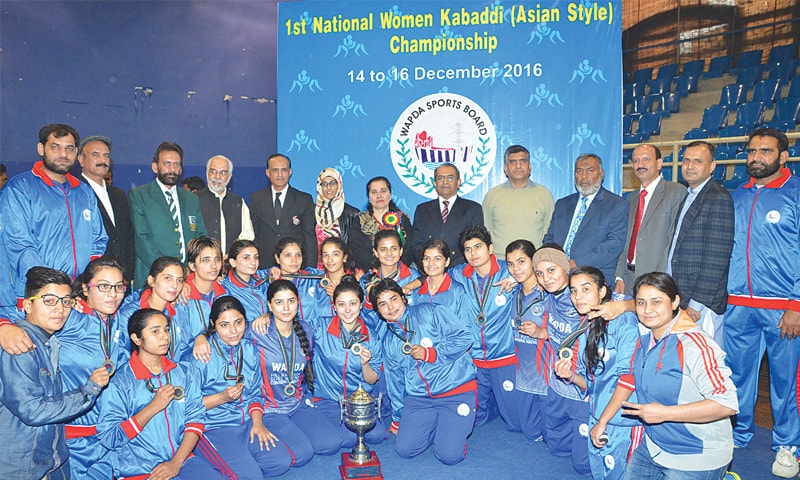 Pakistan Wapda women team after winning the 1st National Women Kabaddi Championships in Lahore  on Friday.