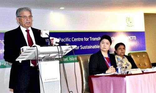 Federal Minister for Science and Technology Rana Tanveer Hussain addressing the 12th inaugural session of the Governing council of Economic and Social Commission for the Asia and the Pacific (ESCAP) on Monday. ─APP