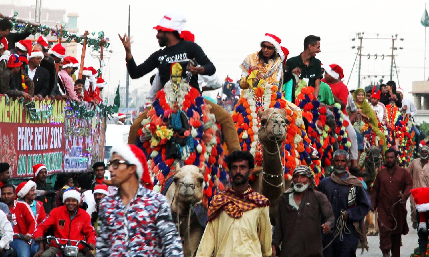 People wearing Santa hats ride camels during the rally. — PPI