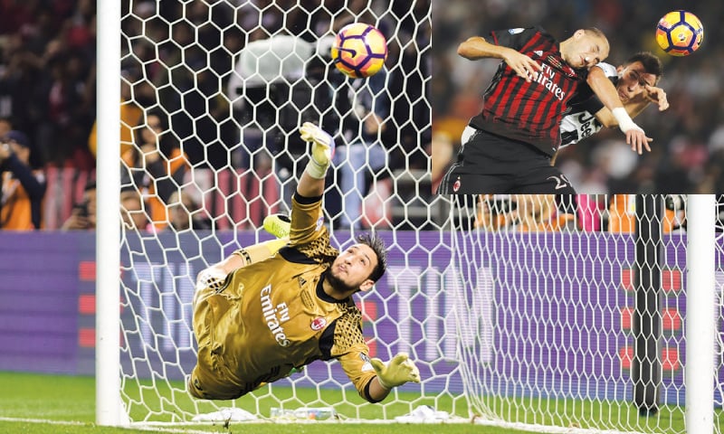 GIANLUIGI Donnarumma saves a penalty from Juventus&rsquo; Paulo Dybala during the shootout to win the Italian Super Cup for AC Milan. (Inset) Juventus&rsquo; Mario Mandzukic (R) vies for the ball with AC Milan&rsquo;s Gabriel Paletta.&mdash;AP/Reuters